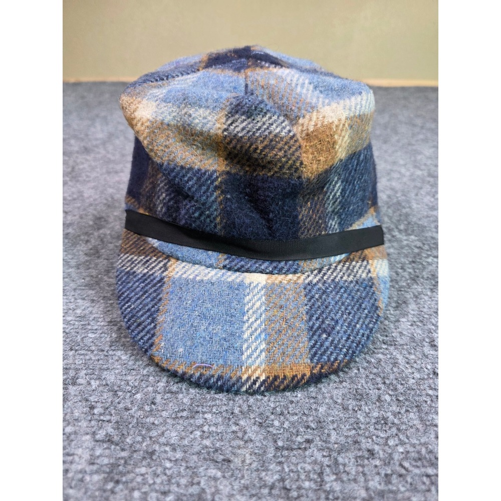 Vintage Heavy Duty Wool Plaid Hunting Cap Mens 6 7/8 Blue Tan Ear Flaps USA Made